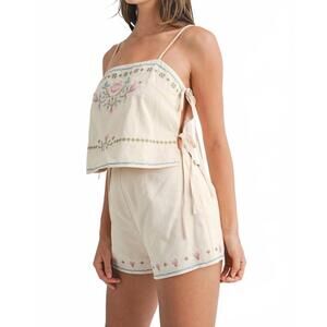 NEW MABLE tea rose vintage embroidered top and short set in beige